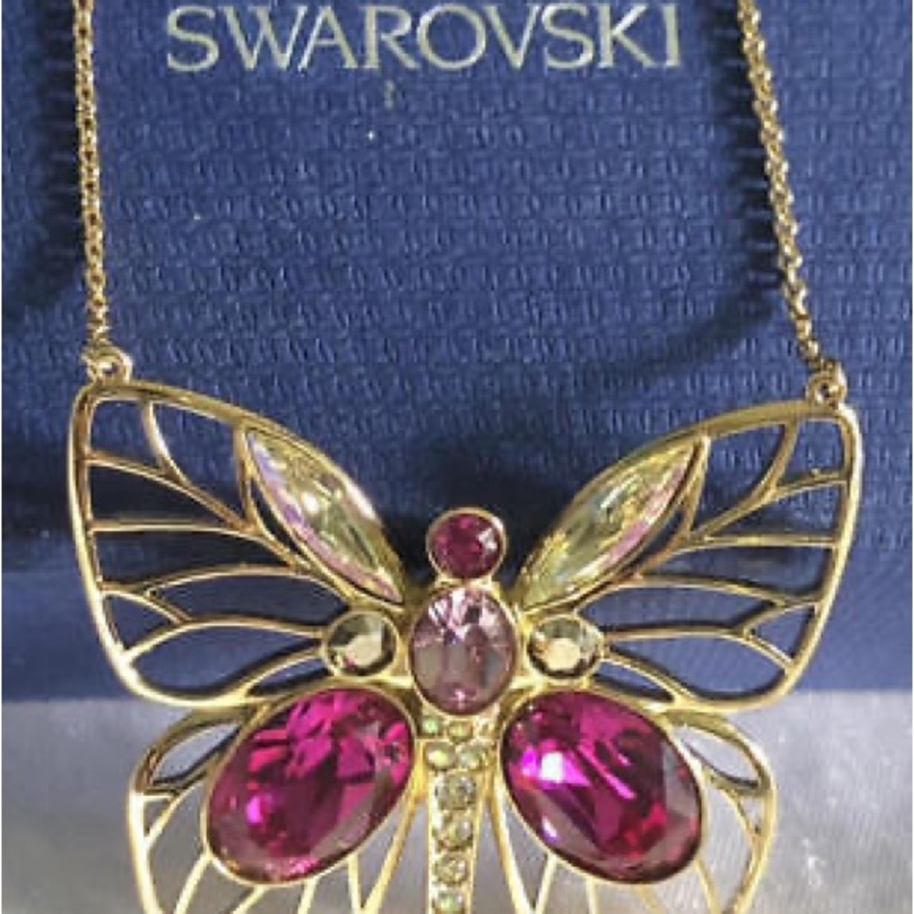 Swarovski Gold Butterfly Necklace with Red and Pink Gems